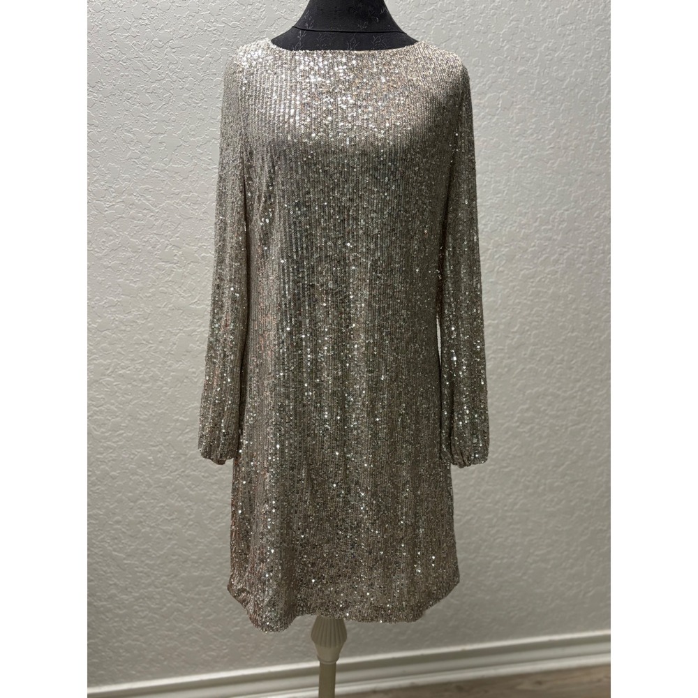 Alexia Admor Women Champagne Gold Sequin Long Sleeve Shift Cocktail Dress Large